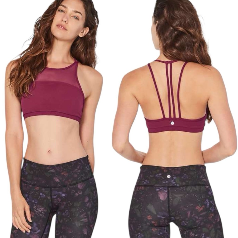 Lululemon Women's 4 Get Set Sports Bra Deep Luxe Burgundy Mesh High Neck Strappy